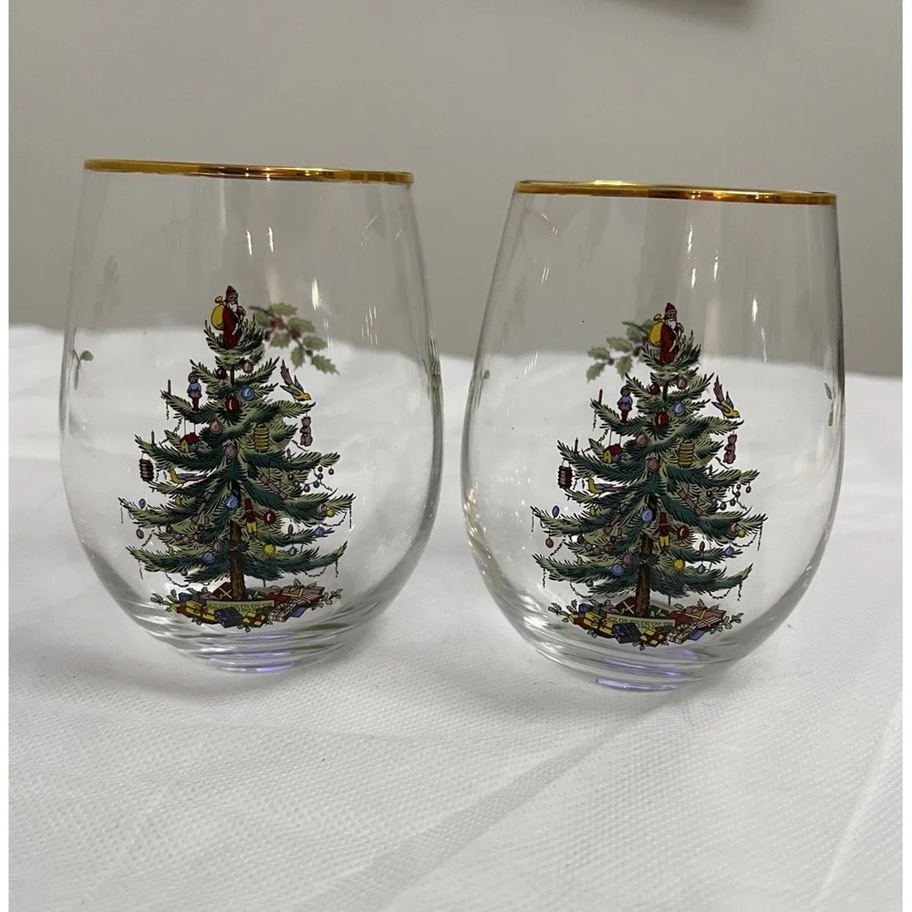 Spode Christmas Tree Stemless Wine Glasses Holiday Tablescape Grandmillennial